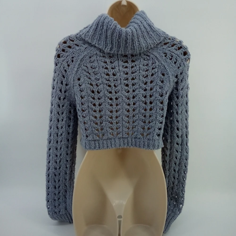 Free People Cropped Gray Open Knit Ribbed Cotton Blend Turtleneck XS